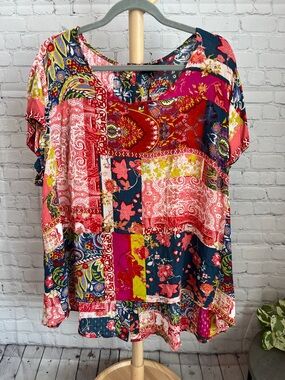 NEW Jones & Co. Boho Patchwork Floral Short Sleeve Top - Multicolor 2X